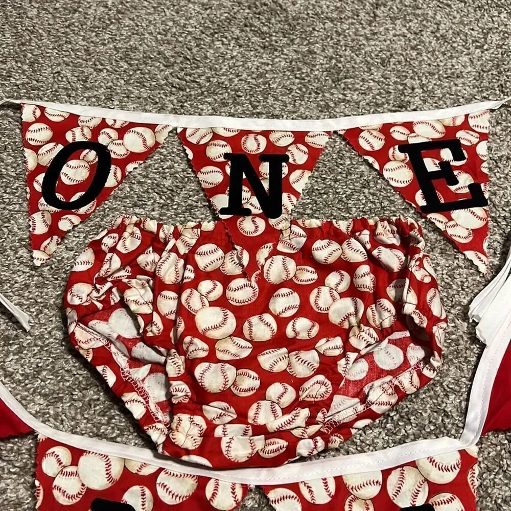 Baseball First Birthday Set ONE Banner Diaper Cover Cake Smash Boy